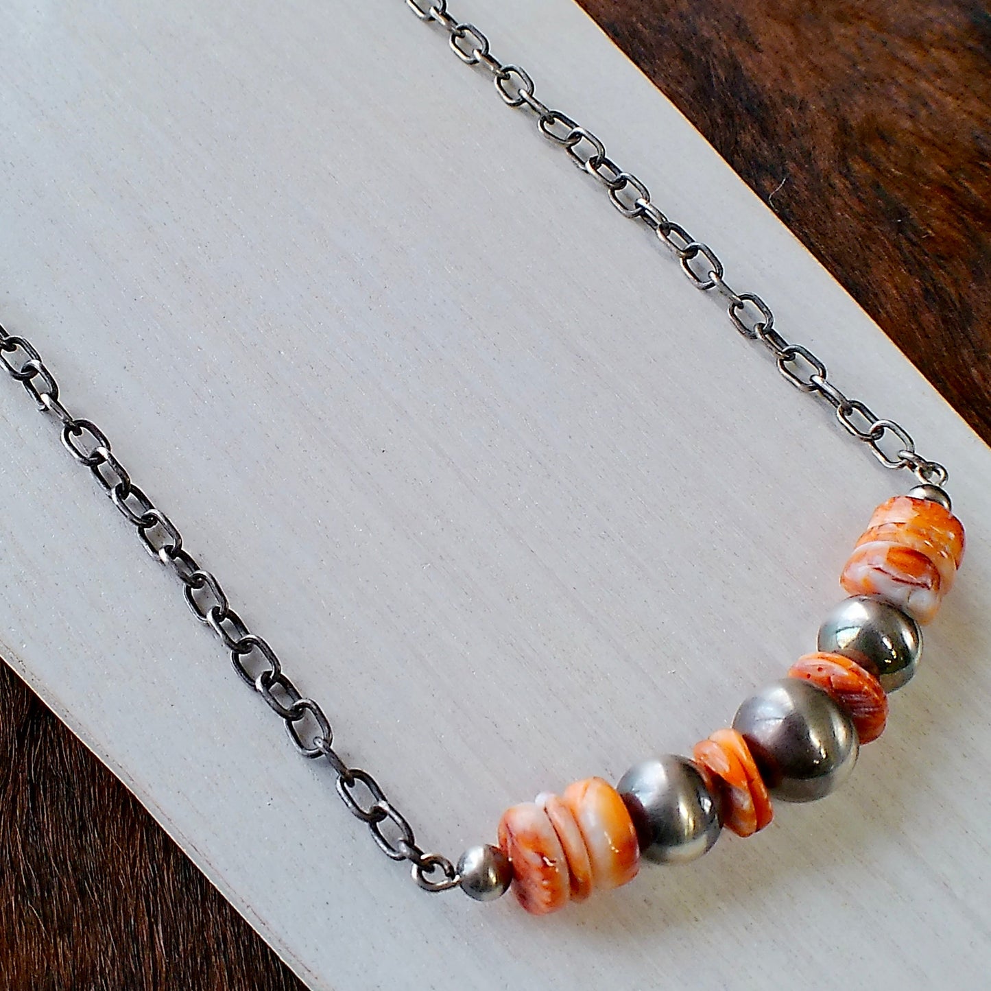 Spiny Oyster & Sterling Silver Pearl Bar Necklace