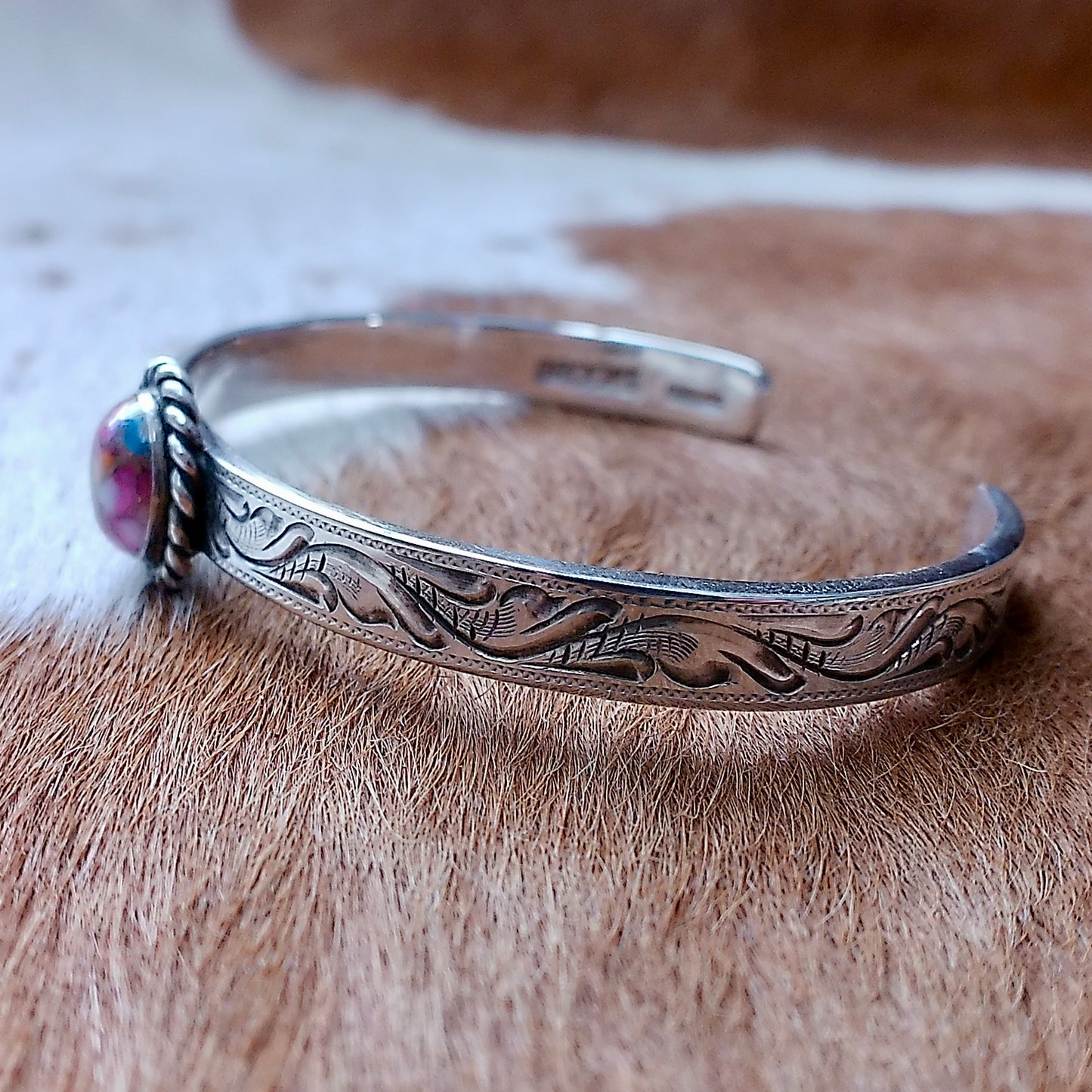 Turquoise Pink Oyster Cuff Bracelet — Engraved by Richard Brooks