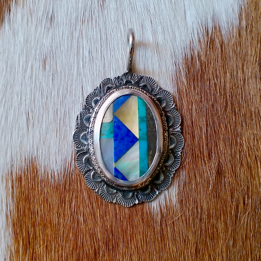 Vintage Geometric-Inlay Stone Pendant