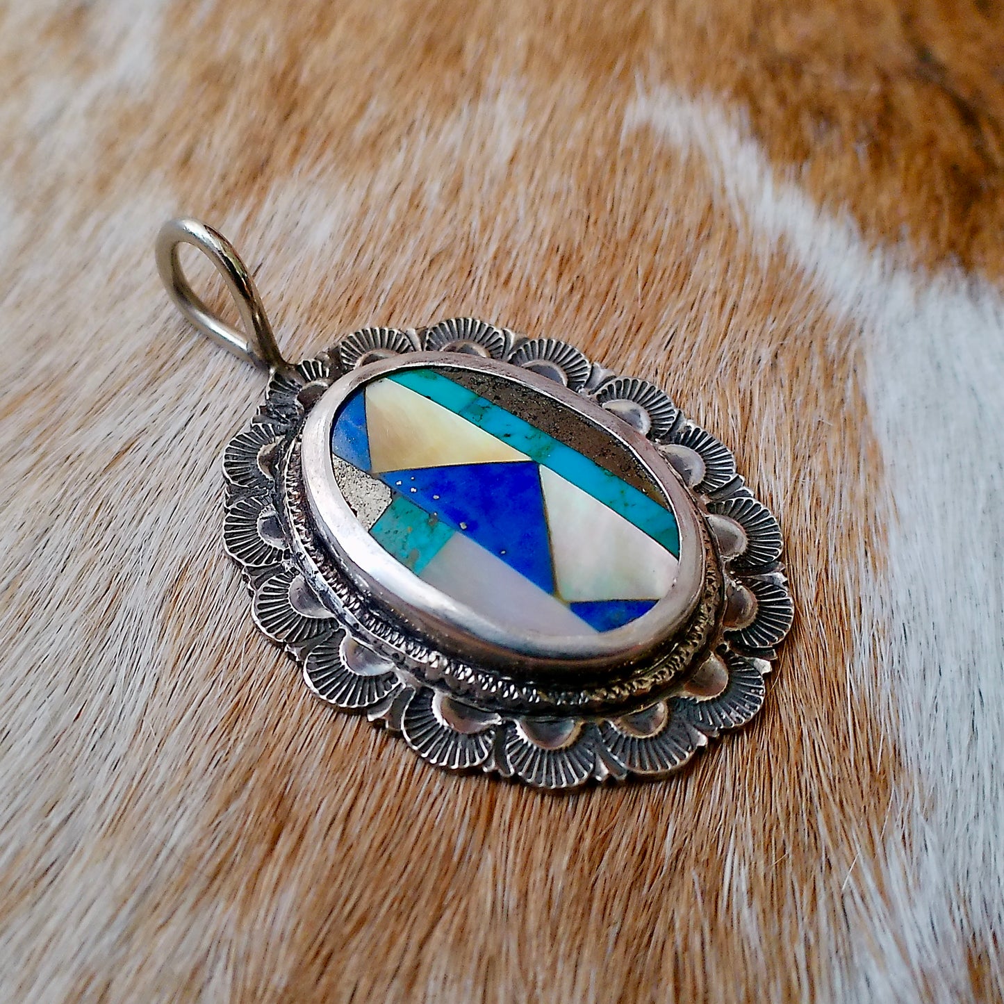 Vintage Geometric-Inlay Stone Pendant