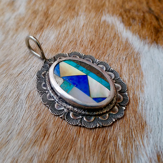 Vintage Geometric-Inlay Stone Pendant