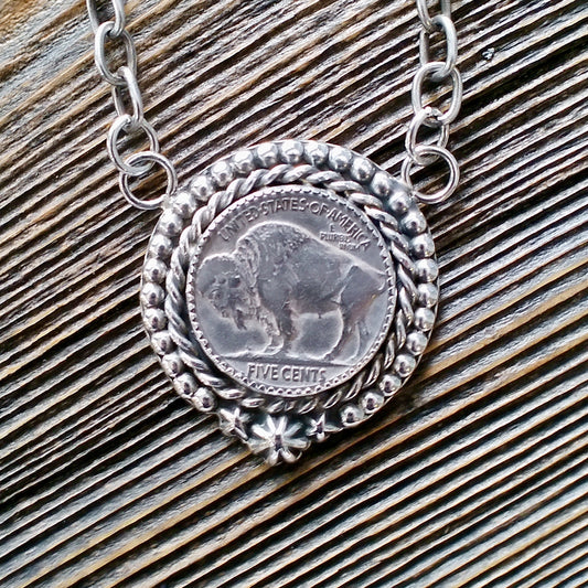 Buffalo Nickel Pendant Necklace on Handmade Chain
