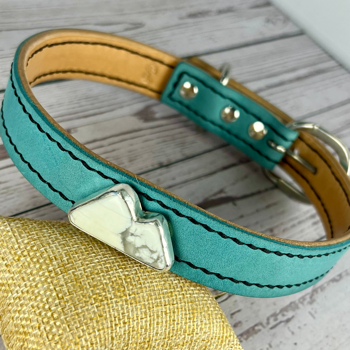 Turquoise & Hermann Oak Leather Dog Collar with Howlite Mountain Charm