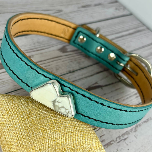Turquoise & Hermann Oak Leather Dog Collar with Howlite Mountain Charm